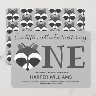 Woodland Raccoon Baby One First Birthday Einladung