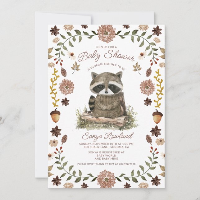 Woodland Raccoon Baby Shower Einladung (Vorderseite)