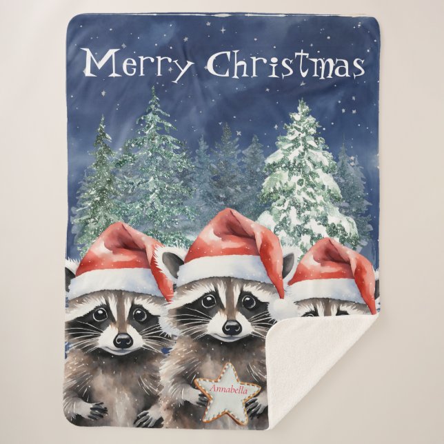 Woodland Raccoon Frohe Weihnachten Personalisiert Sherpadecke (Vorderseite)