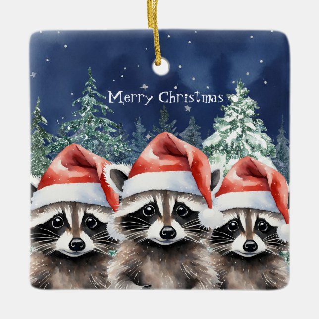 Woodland Raccoon Weihnachten Keramikornament (Vorderseite)
