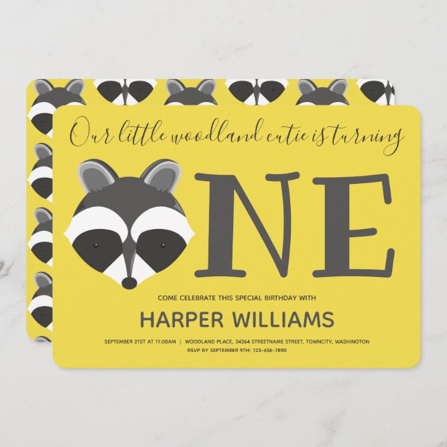Woodland Raccoon Yellow Baby One First Birthday Einladung (Vorne/Hinten)