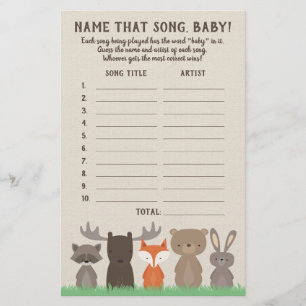 Woodland Raten Sie die Baby Song Baby Shower Game  Flyer