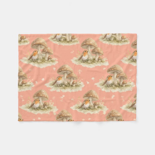 Woodland Robin & Mushroom Watercolor Pattern Fleecedecke (Vorderseite (Horizontal))