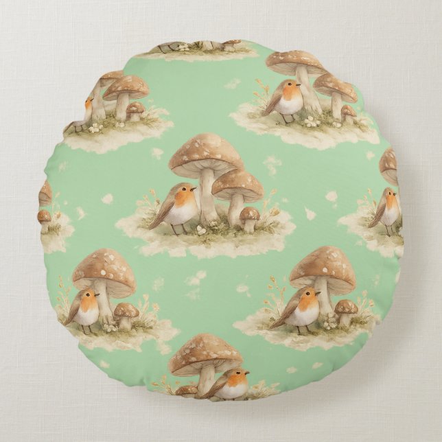 Woodland Robin & Mushroom Watercolor Pattern Rundes Kissen (Vorderseite)