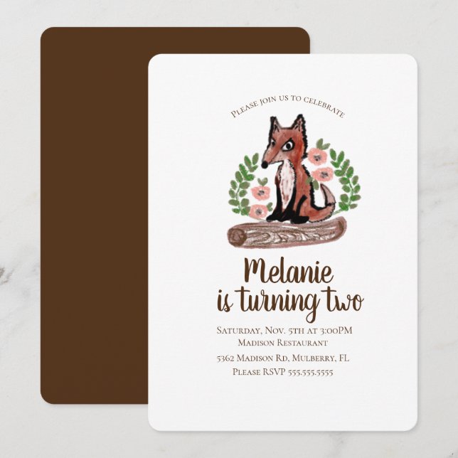 Woodland Rustica Fox Floral Geburtstagsparty Einladung (Vorne/Hinten)