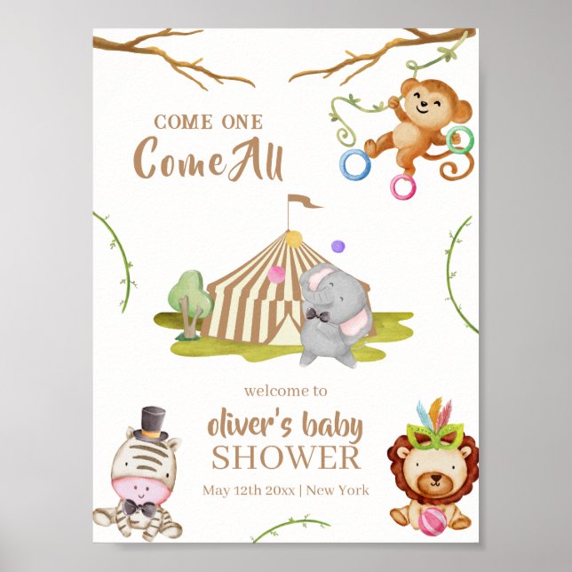 Woodland Safari Animal Circus Baby Dusche Willkomm Poster (Vorne)