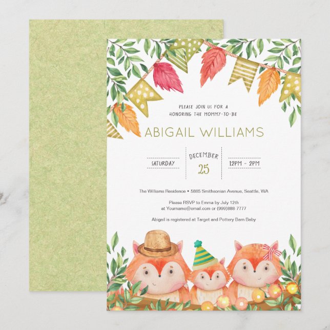 Woodland Safari Fox Familiendusche Einladung (Vorne/Hinten)