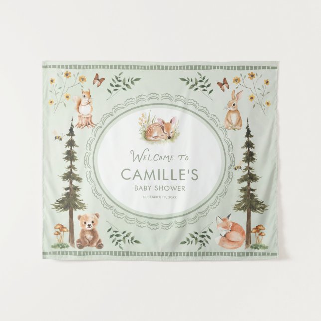 Woodland Sage Green Baby Shower Welcome Wandteppich (Vorderseite (Horizontal))