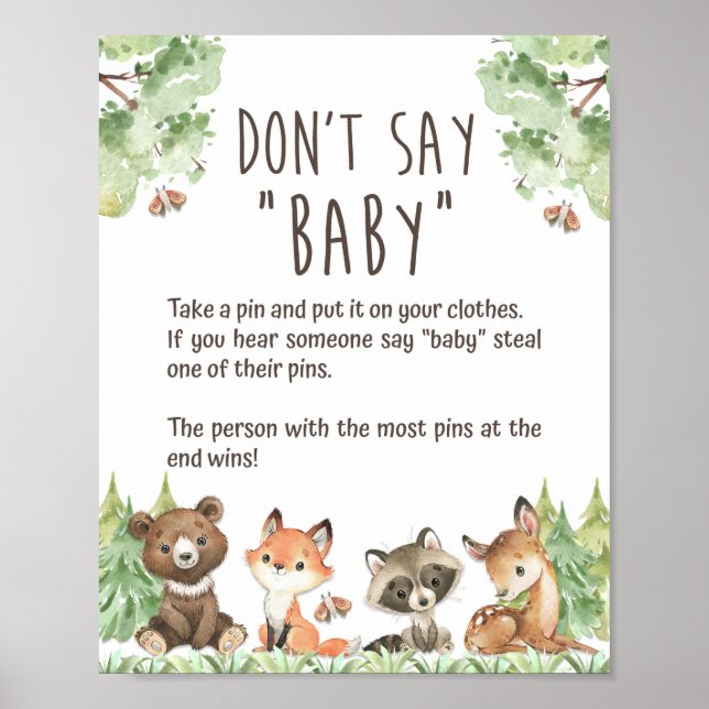 Woodland Say Baby Shower Button Game Sign Poster (Vorne)
