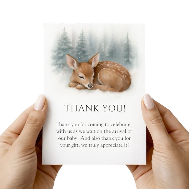 Woodland Sleeping Baby Deer Winter Baby Shower Dankeskarte (Woodland Sleeping Baby Deer Winter Baby Shower Thank You Card)