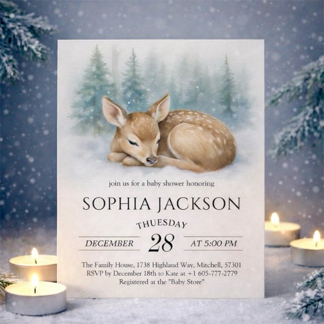 Woodland Sleeping Baby Deer Winter Baby Shower Einladung (Woodland Sleeping Baby Deer Winter Baby Shower Invitation)