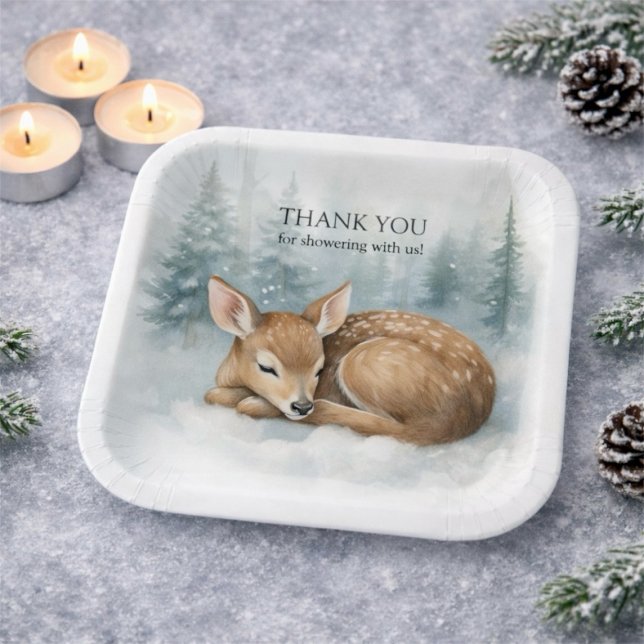 Woodland Sleeping Baby Deer Winter Baby Shower Pappteller (Woodland Sleeping Baby Deer Winter Baby Shower Paper Plates)
