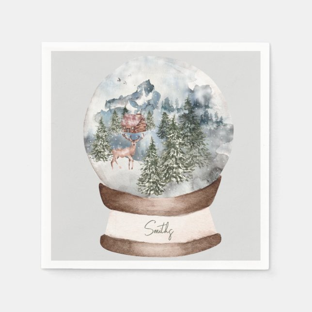 Woodland Snow globus Custom Familienname Weihnacht Serviette (Vorderseite)