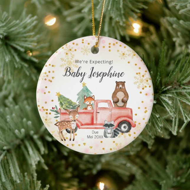 Woodland Snowflake Truck We're Expecting Parent Keramik Ornament (Baum)