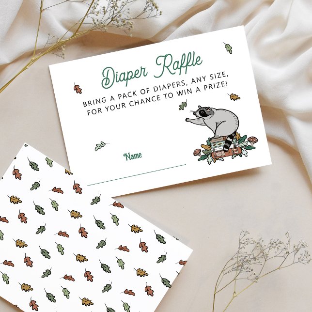 Woodland Storybook Baby Duschdusche Windeln Raffle Begleitkarte (Diaper Raffle Baby Shower Enclosure with Woodland Racoon and Storybooks)