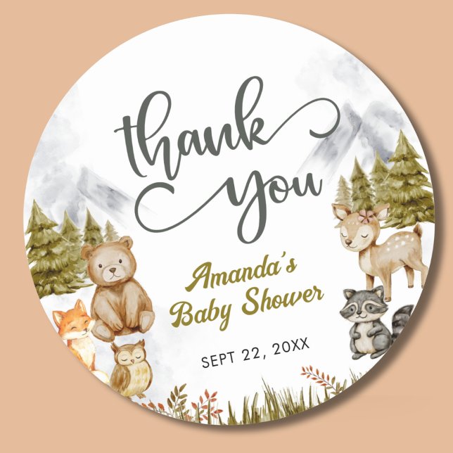 Woodland Thank You Forest Animals Baby Shower Runder Aufkleber (Von Creator hochgeladen)