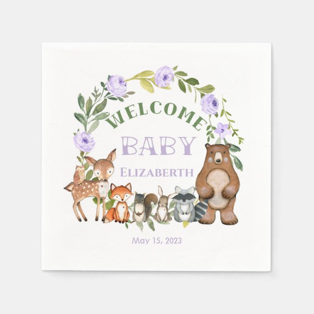 Woodland Themed Paper Party Napkins Purple Serviette (Vorderseite)