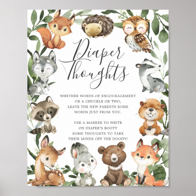 Woodland Tiere Baby Dusche Windeln Gedanken Unters Poster (Vorne)