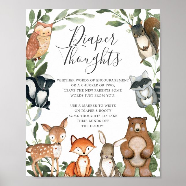 Woodland Tiere Baby Dusche Windeln Gedanken Unters Poster (Vorne)