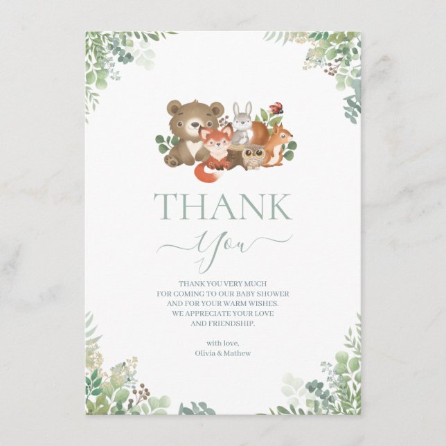 Woodland-Tiere Kinderdusche Danke, Einschließung Begleitkarte (Vorderseite)