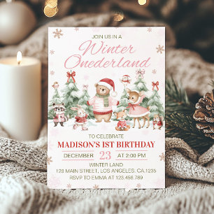 Woodland-Tiere Rosa Winter Onederland Geburtstag Einladung