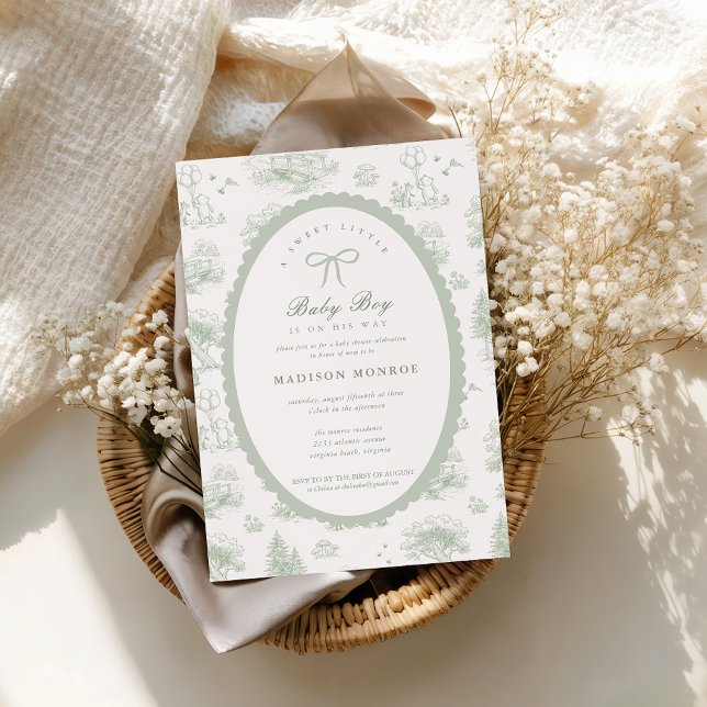 Woodland Toile Storybook Bow Baby Shower  Einladung (Woodland Toile Sage Green Bow Baby Shower Invitation)