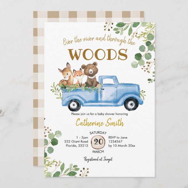 Woodland Truck Kinderdusche Einladung (Vorne/Hinten)