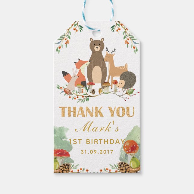 Woodland Vielen Dank zum ersten Geburtstag Geschenkanhänger (Vorderseite)