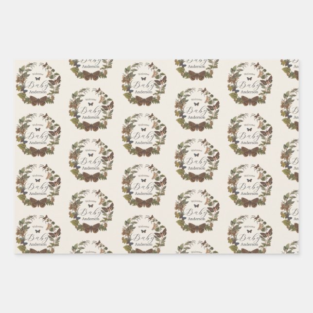 Woodland Vintag Botanical Baby Dusche Geschenkpapier Set (Vorderseite 2)