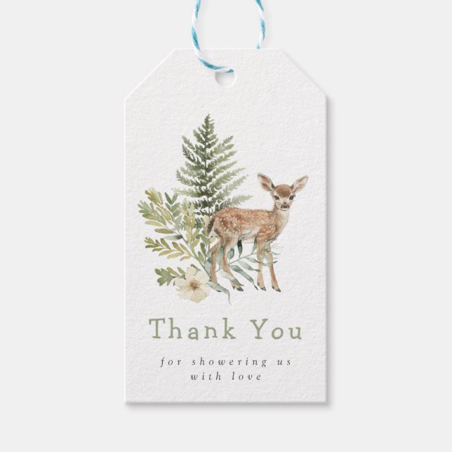 Woodland Watercolor Deer Baby Dusche Geschenkanhänger (Vorderseite)