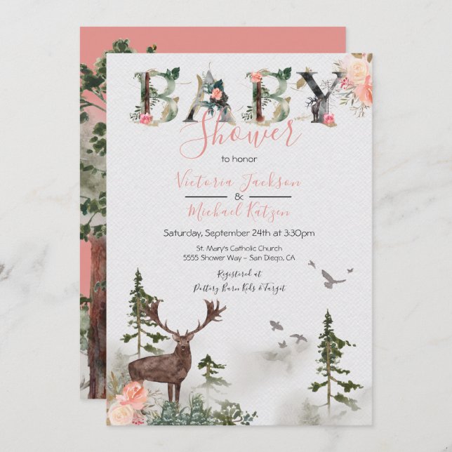 Woodland Watercolor Forest Baby Girl Dusche Einladung (Vorne/Hinten)