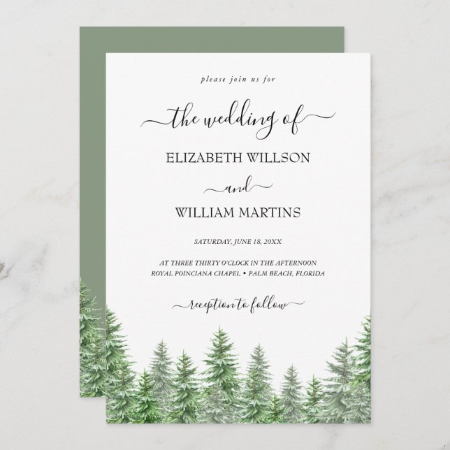 Woodland Watercolor Pine Forest Script Hochzeit Einladung (Vorne/Hinten)