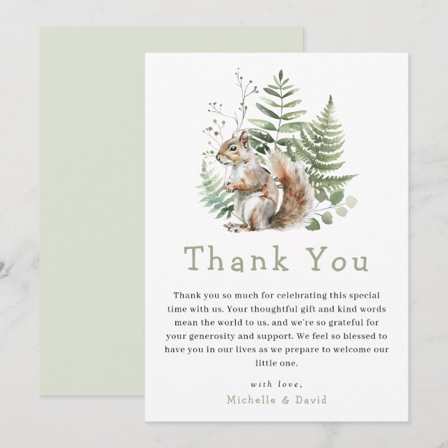 Woodland Watercolor Squirrel Baby Dusche Danke (Vorne/Hinten)