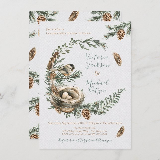 Woodland Watercolor Vogelnest-Kranz-Babydusche Einladung (Vorne/Hinten)
