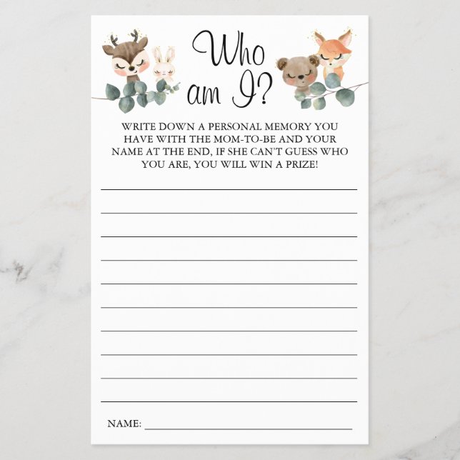 Woodland Who is I Baby Shooting Game Card Flyer (Vorne)