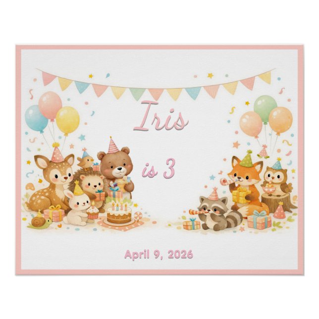 Woodland Wild Animals Forest Party Pastel Pink Poster (Vorderseite)