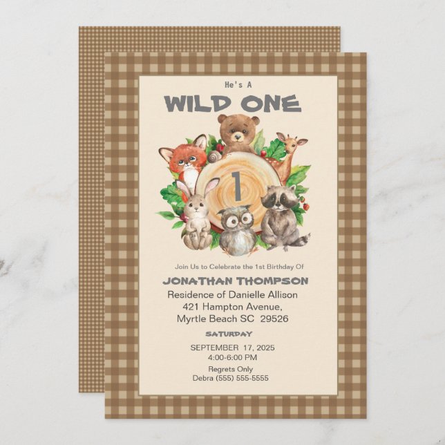 Woodland Wild One Birthday Party Einladung (Vorne/Hinten)