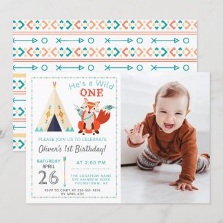 Woodland Wild One Fox Boho Boy 1. Geburtstag Foto Einladung