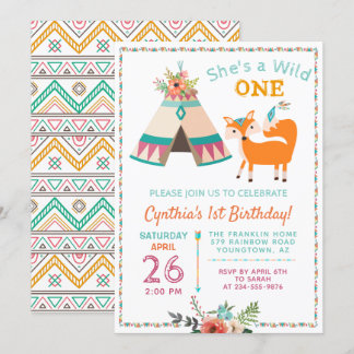 Woodland Wild One Fox Boho Girl 1. Geburtstag Einladung