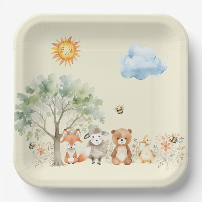 Woodland Wildlife Baby Dusche Bleipfirsich Pappteller (Vorderseite)