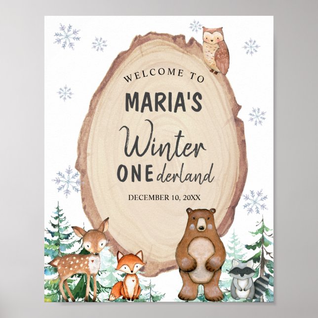 Woodland Winter Onederland Geburtstagswillkommen Poster (Vorne)