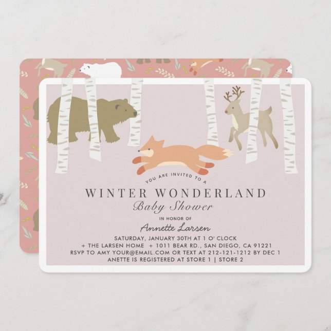 Woodland Winter Wonderland Pink Baby Dusche Einladung (Vorne/Hinten)