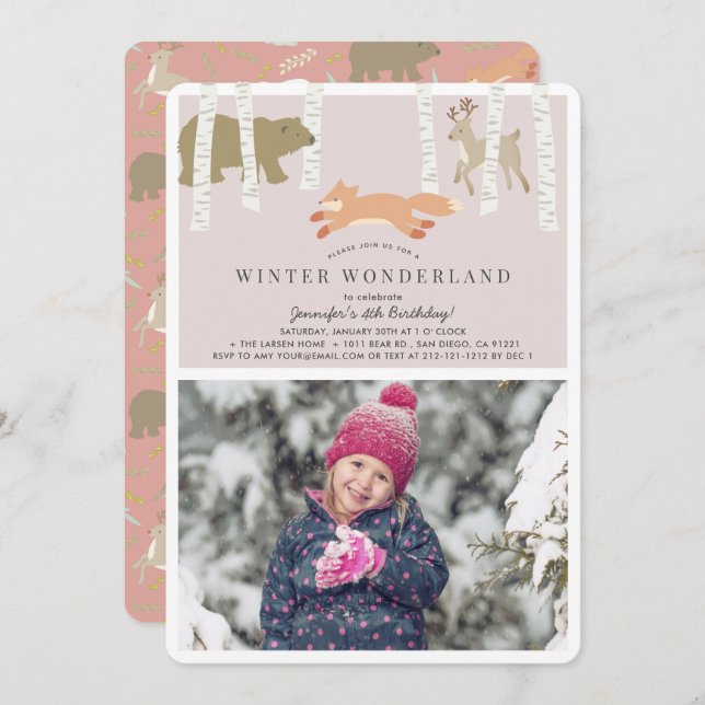 Woodland Winter Wonderland Pink Foto Geburtstag Einladung (Vorne/Hinten)