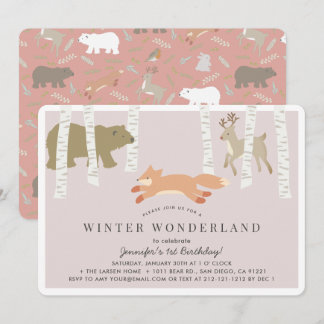 Woodland Winter Wunderland Pink Girl Geburtstag Einladung