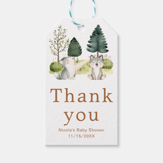 Woodland Wolf Babydusche Geschenkanhänger (Vorderseite)