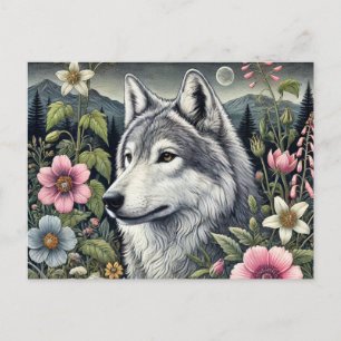 Woodland Wolf Postcard   Majestic Forest Wolf Art Postkarte