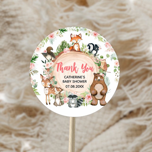 Woodlandtiere Blumenholz Slice Babydusche Runder Aufkleber (Woodland Animals Floral Wood Slice Baby Shower Sticker)