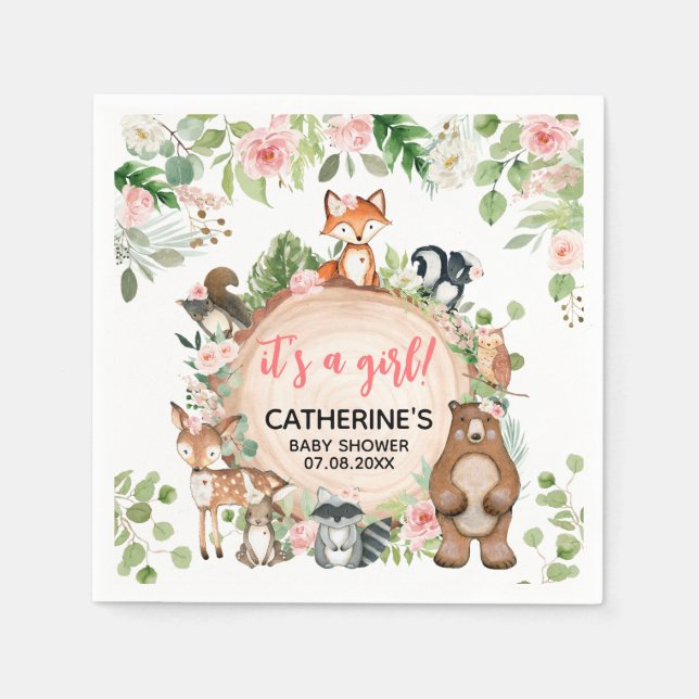 Woodlandtiere Blumenholz Slice Babydusche Serviette (Vorderseite)