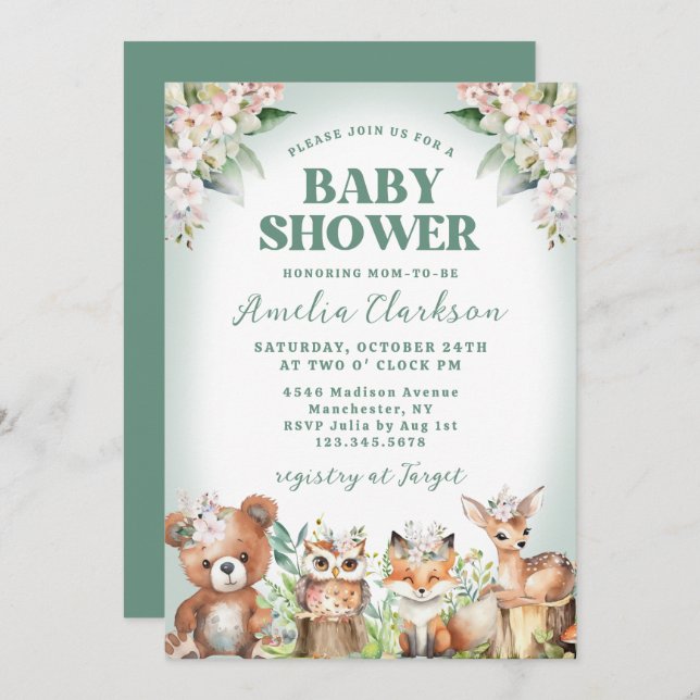 Woodlandtiere weiche grüne & florale Babydusche Einladung (Vorne/Hinten)
