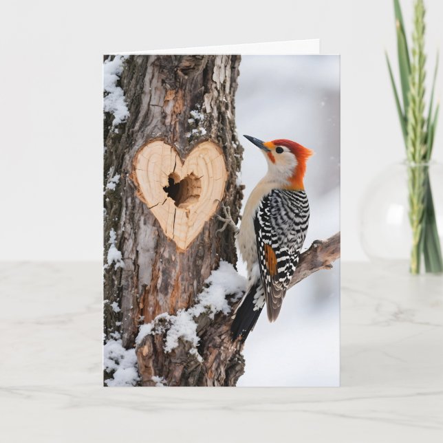 Woodpecker Beside Heart-Shaped Tree Hole Karte (Vorderseite)